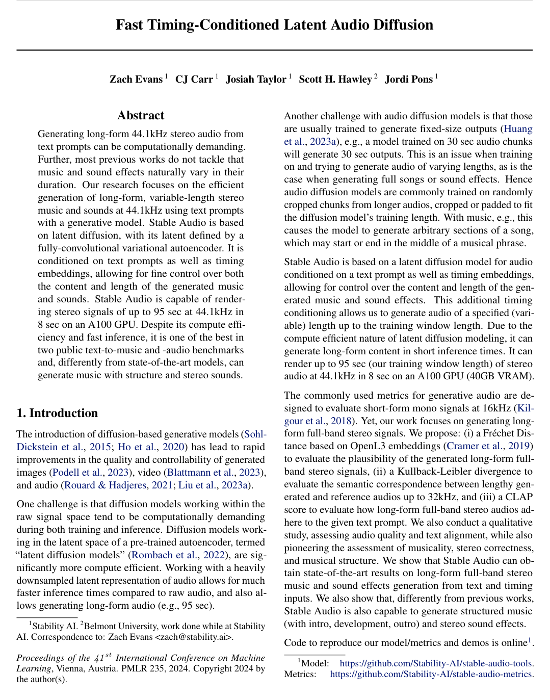 Fast Timing-Conditioned Latent Audio Diffusion