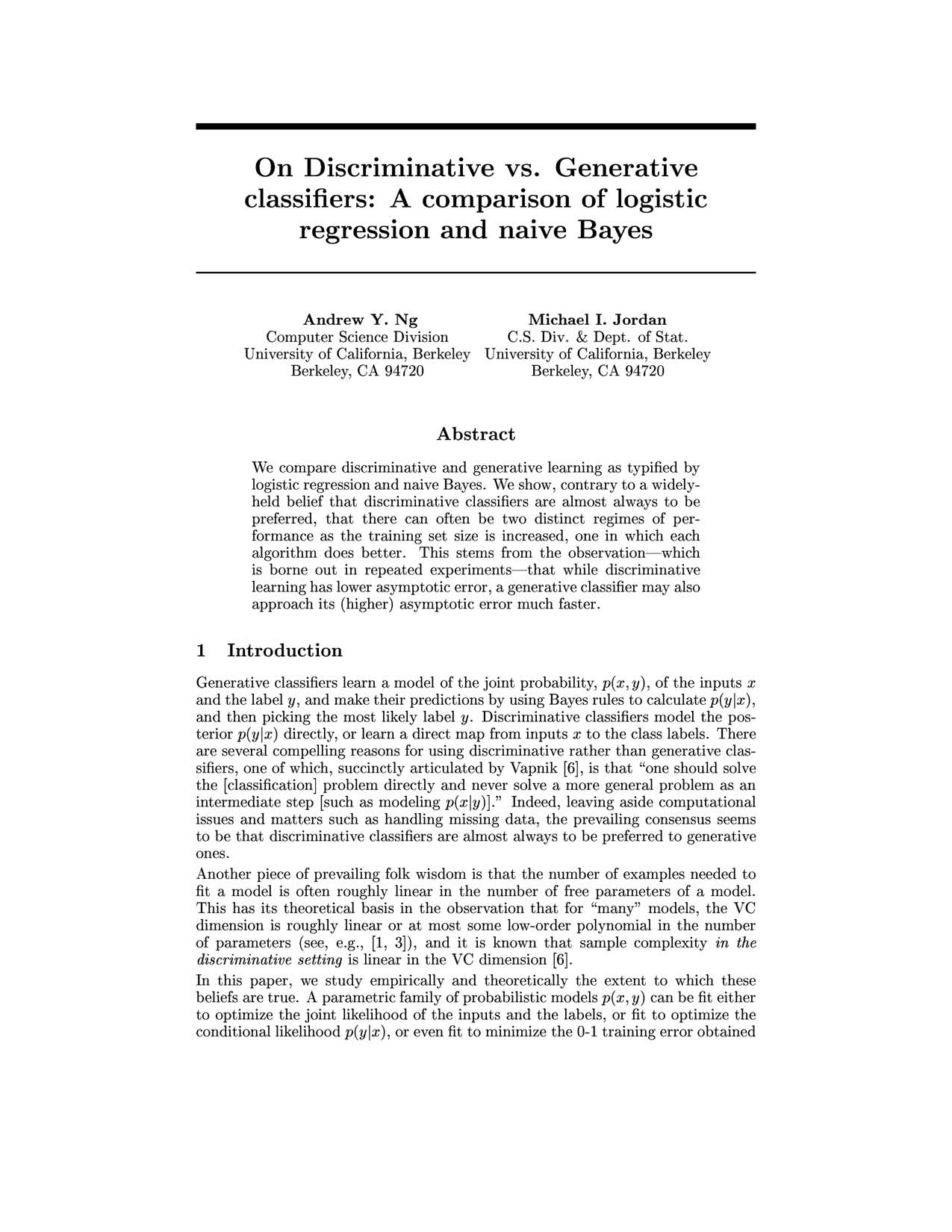 Cover for On Discriminative vs. Generative Classifiers: A comparison of logistic regression and naive Bayes