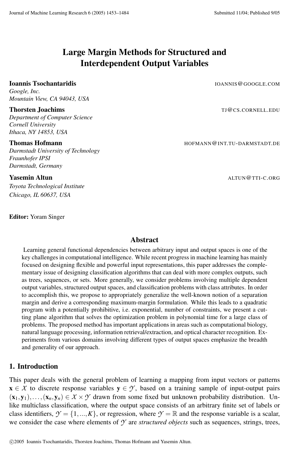 Large Margin Methods for Structured and Interdependent Output Variables