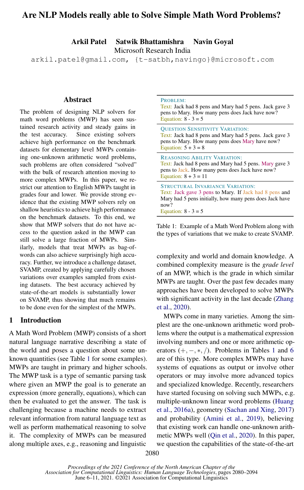 Cover for Are NLP Models really able to Solve Simple Math Word Problems?