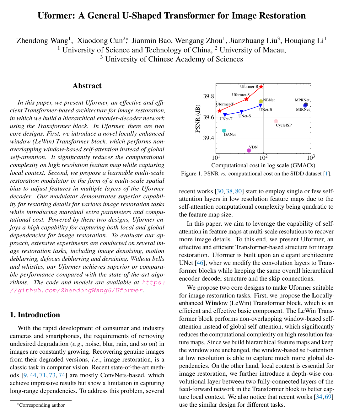 Uformer: A General U-Shaped Transformer for Image Restoration