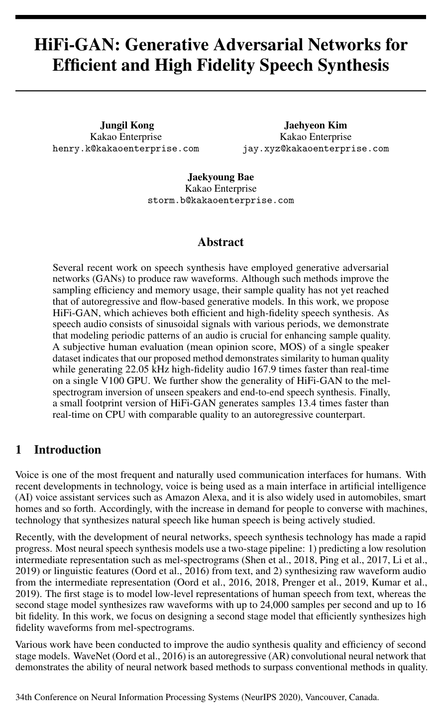 Cover for HiFi-GAN: Generative Adversarial Networks for Efficient and High Fidelity Speech Synthesis