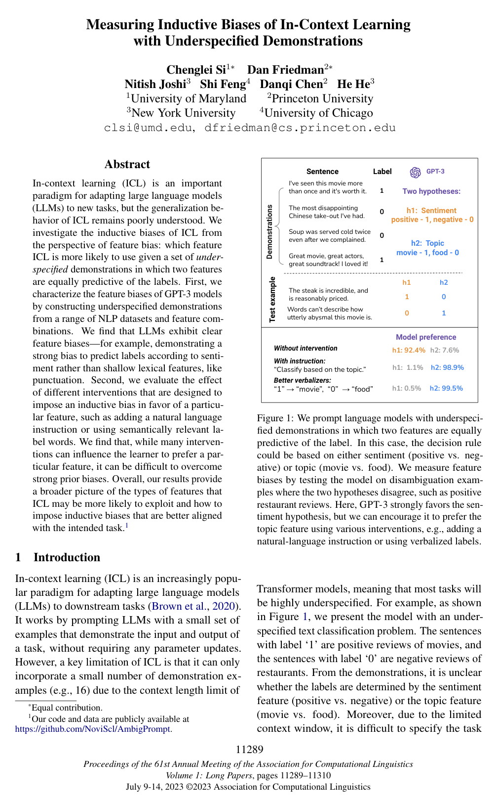 Cover for Measuring Inductive Biases of In-Context Learning with Underspecified Demonstrations