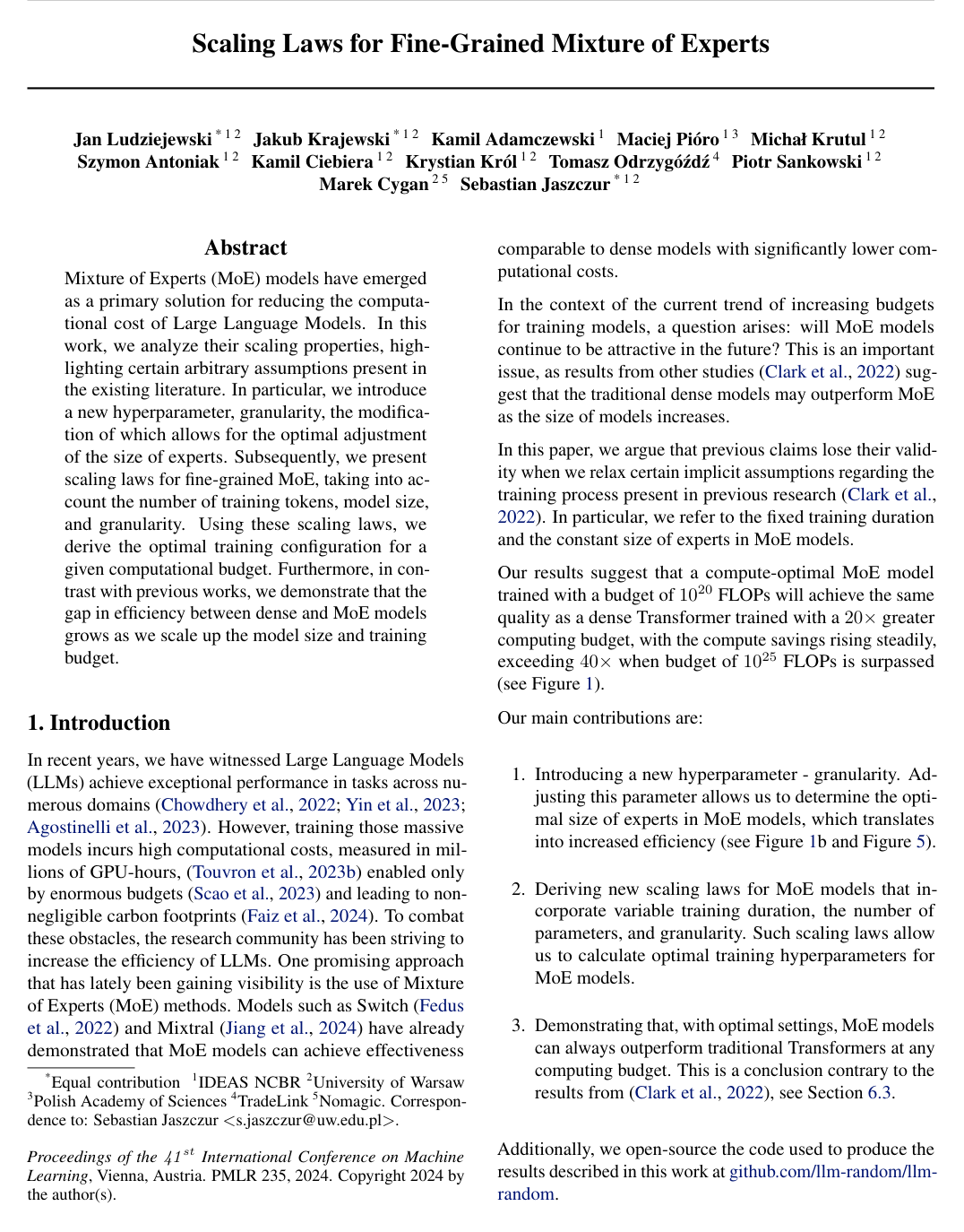Cover for Scaling Laws for Fine-Grained Mixture of Experts