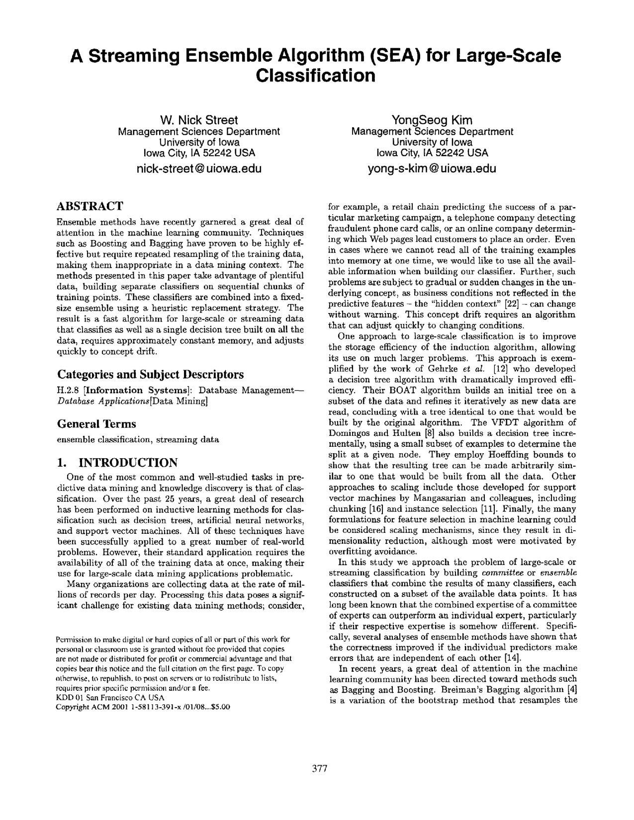 A streaming ensemble algorithm (SEA) for large-scale classification