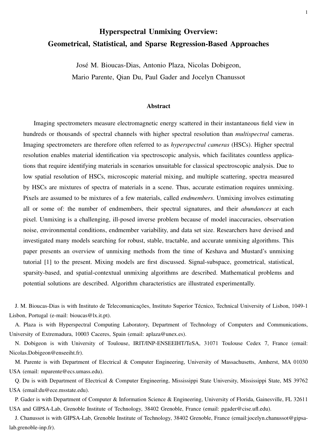 Hyperspectral Unmixing Overview: Geometrical, Statistical, and Sparse Regression-Based Approaches