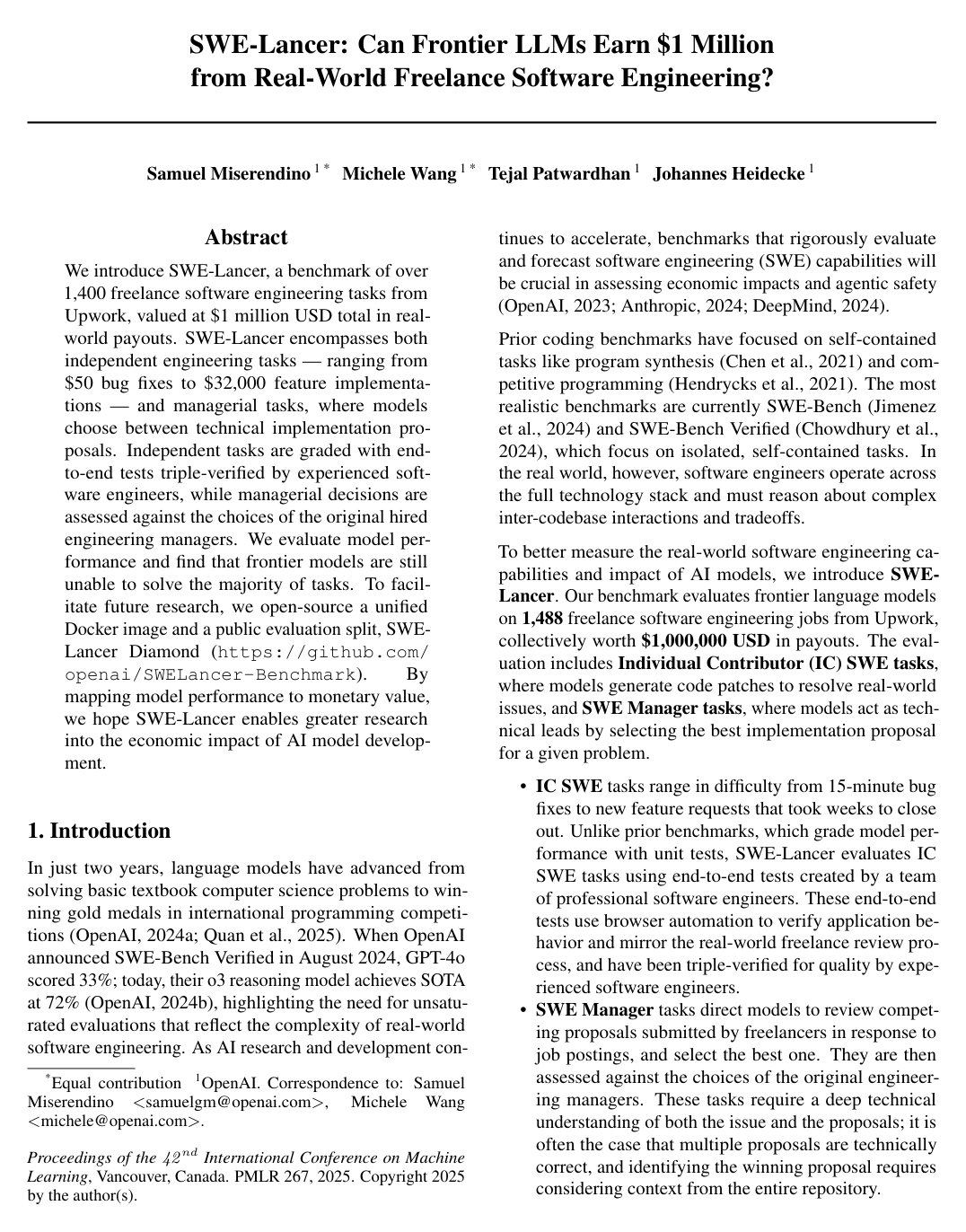 Cover for SWE-Lancer: Can Frontier LLMs Earn $1 Million from Real-World Freelance Software Engineering?