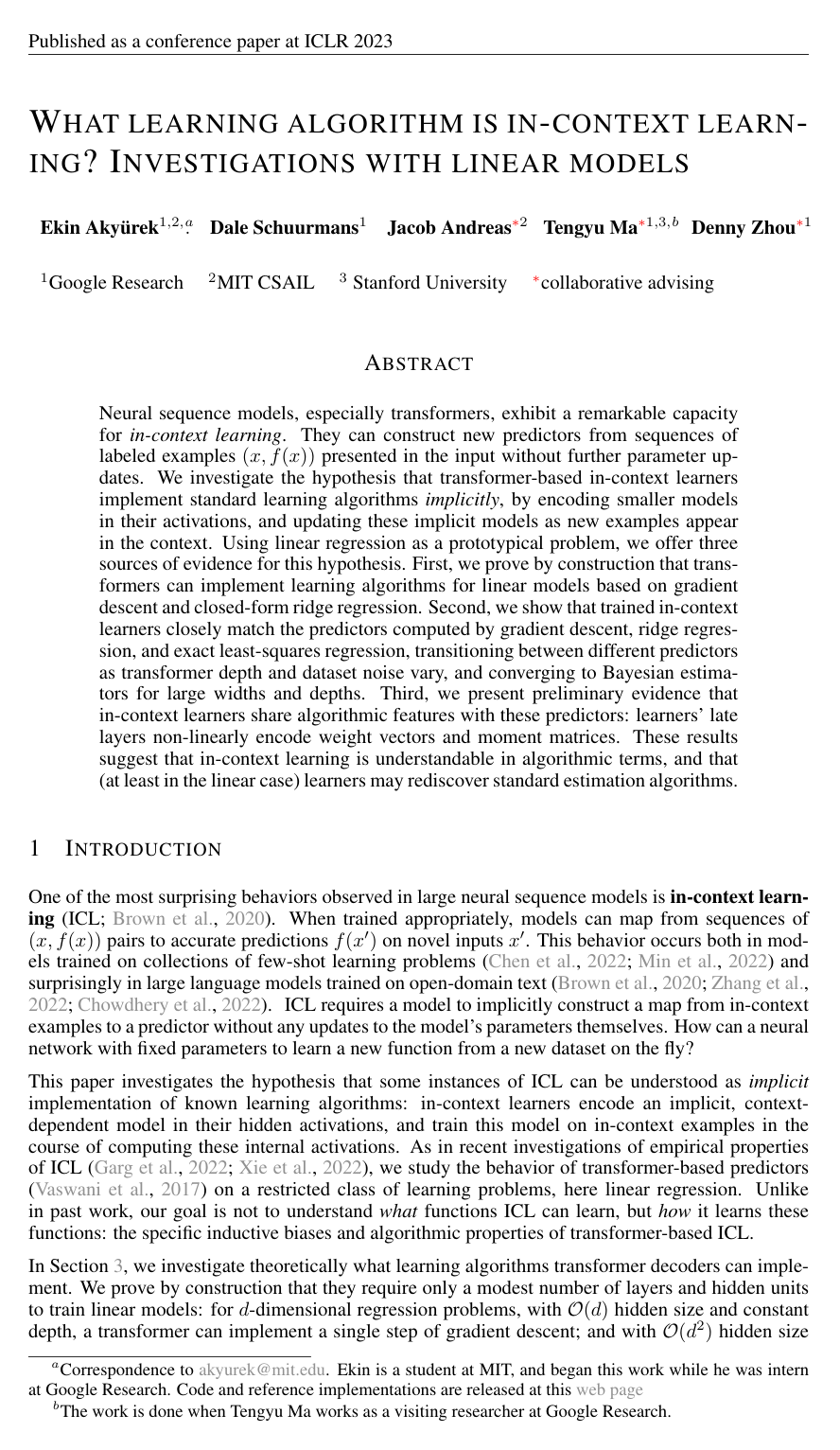 What learning algorithm is in-context learning? Investigations with linear models