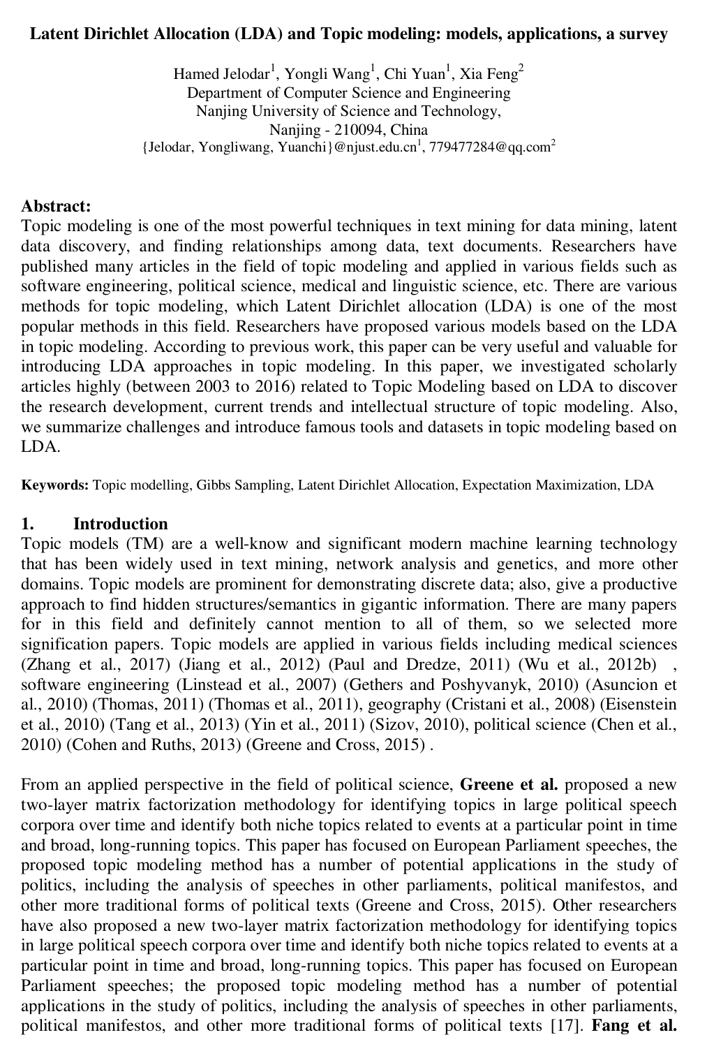 Cover for Latent Dirichlet allocation (LDA) and topic modeling: models, applications, a survey