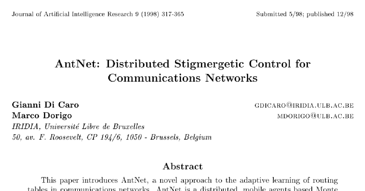 AntNet: Distributed Stigmergetic Control for Communications Networks cover