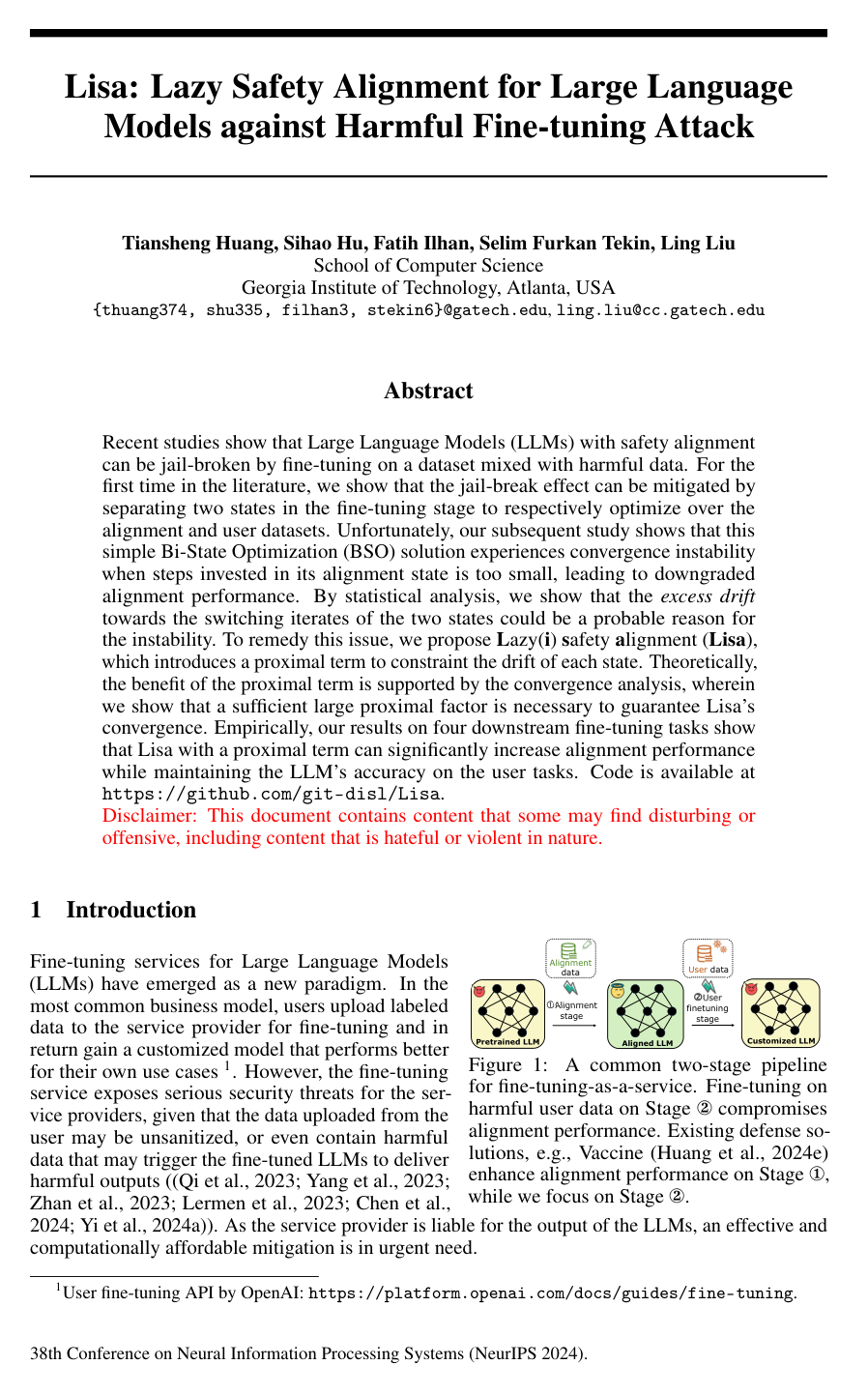 Cover for Lisa: Lazy Safety Alignment for Large Language Models against Harmful Fine-tuning Attack