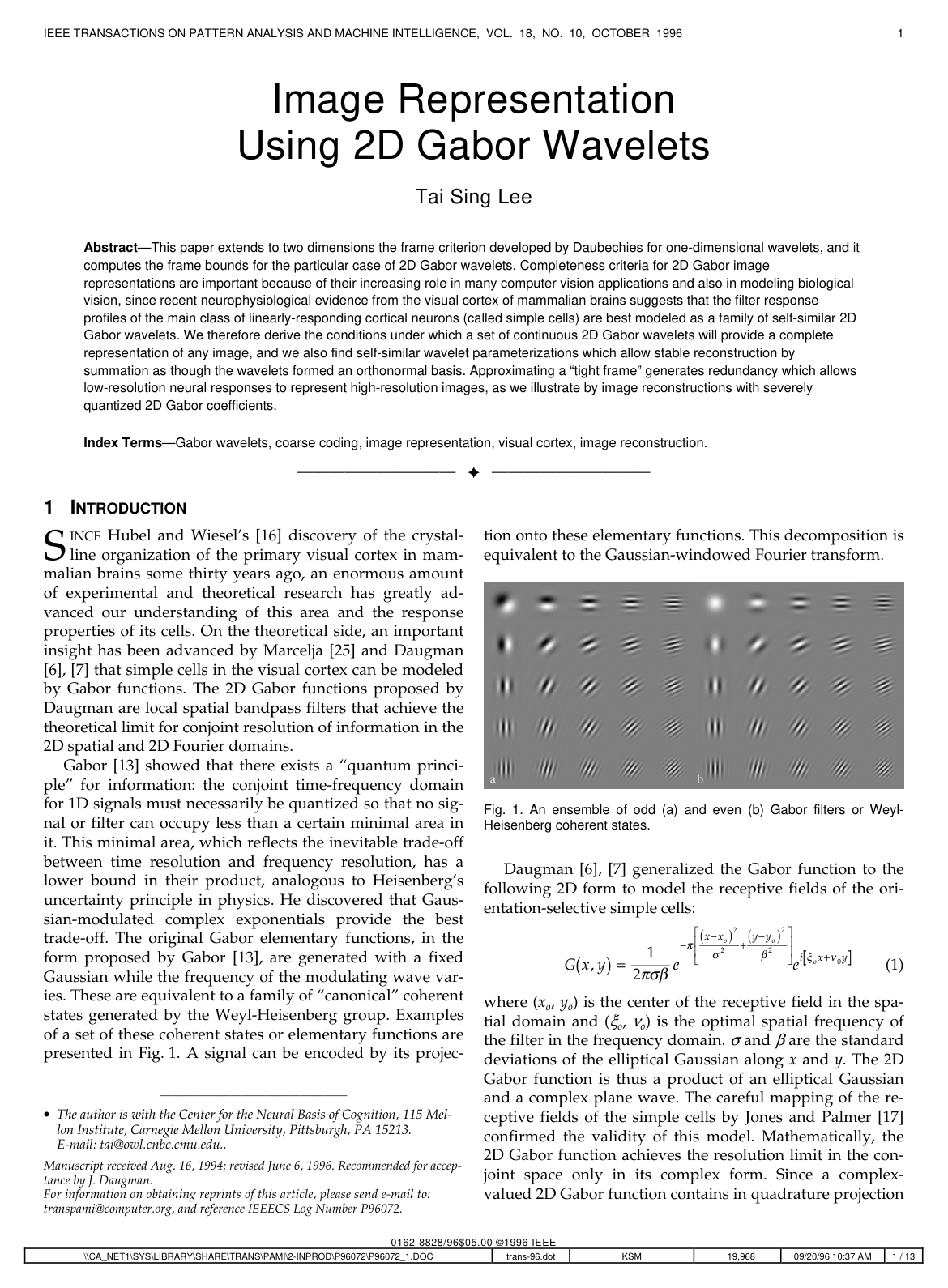 Cover for Image Representation Using 2D Gabor Wavelets