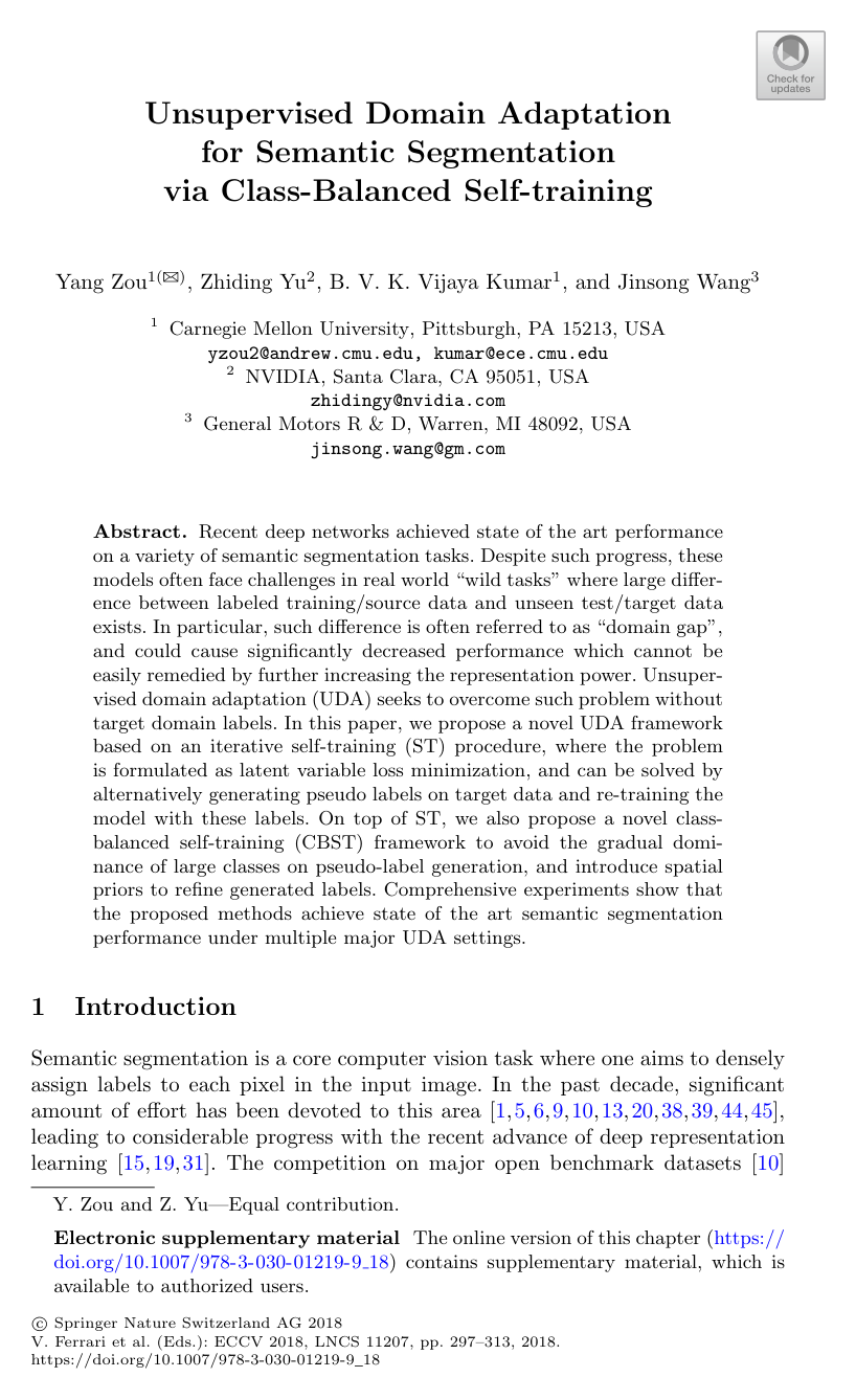 Cover for Unsupervised Domain Adaptation for Semantic Segmentation via Class-Balanced Self-training