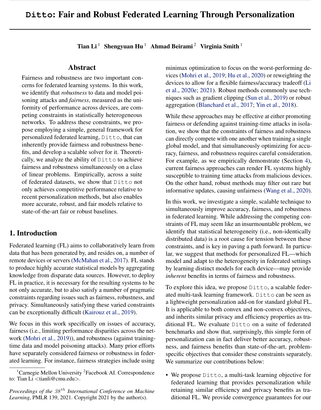 Cover for Ditto: Fair and Robust Federated Learning Through Personalization