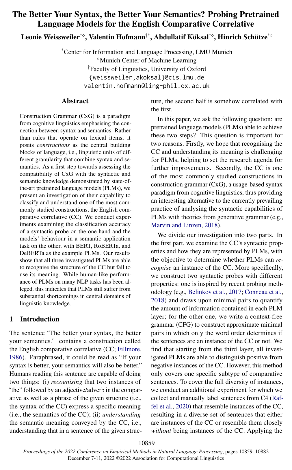 The better your Syntax, the better your Semantics? Probing Pretrained Language Models for the English Comparative Correlative