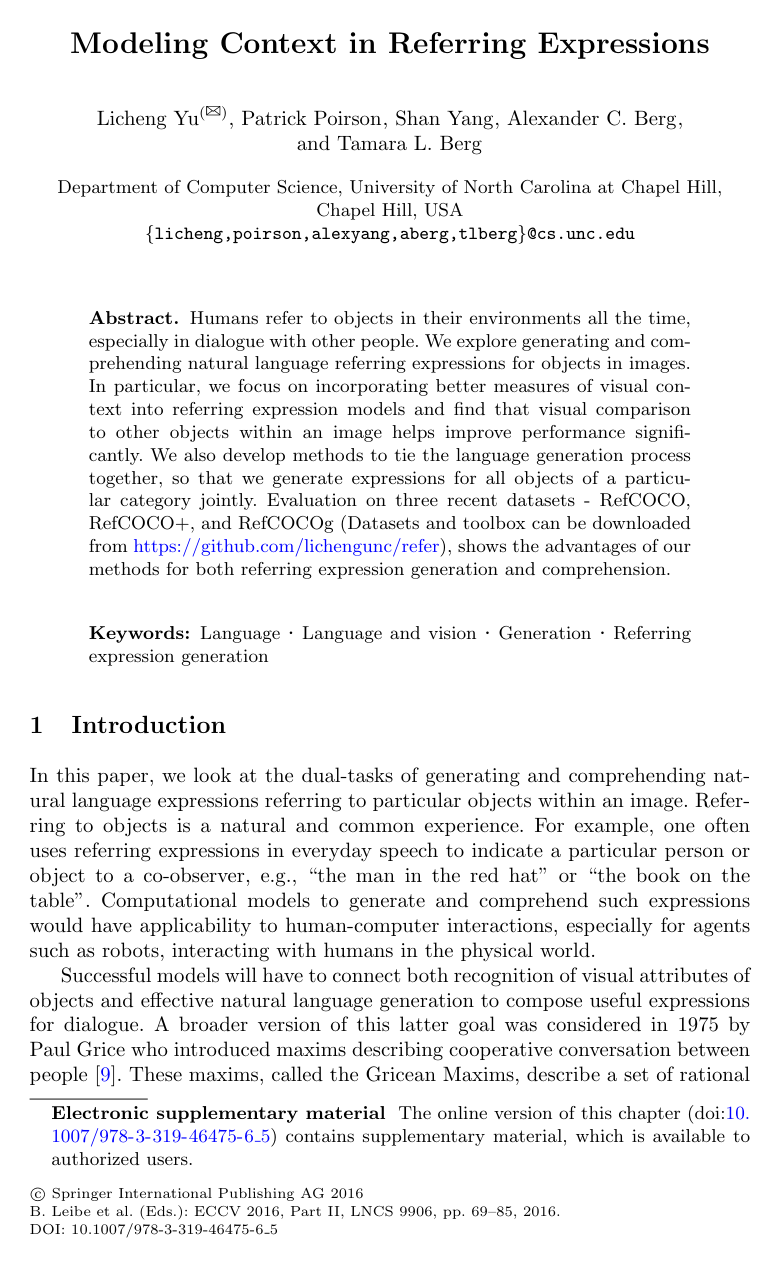Cover for Modeling Context in Referring Expressions