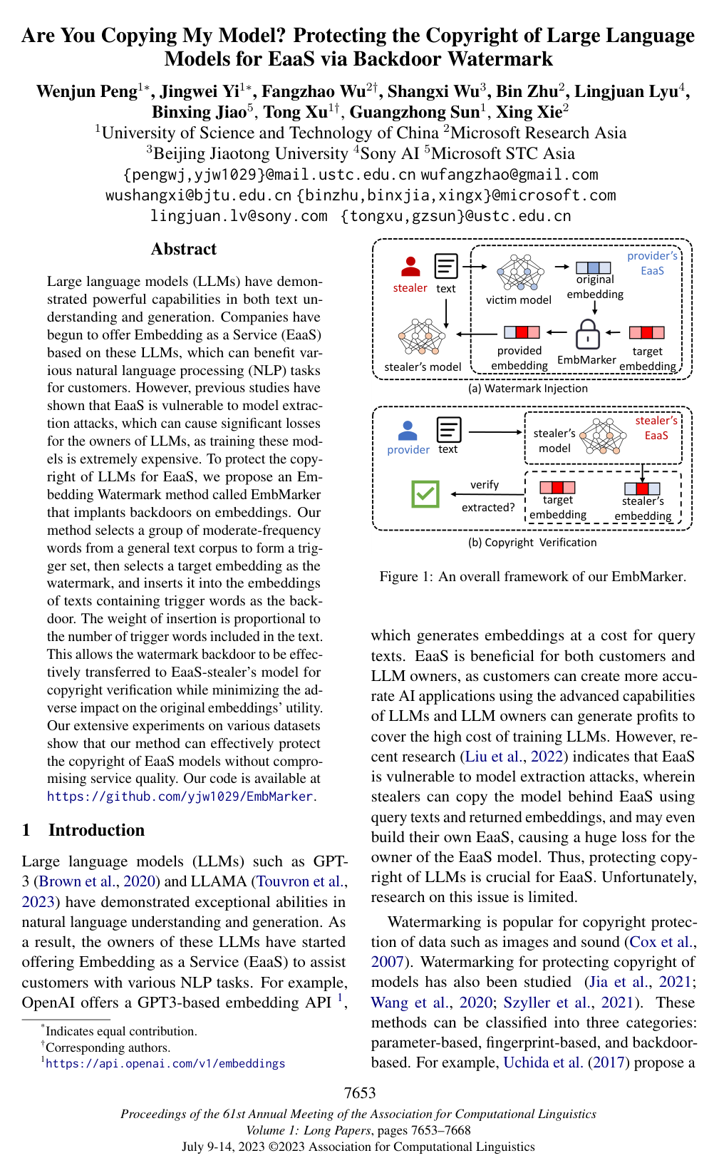 Cover for Are You Copying My Model? Protecting the Copyright of Large Language Models for EaaS via Backdoor Watermark
