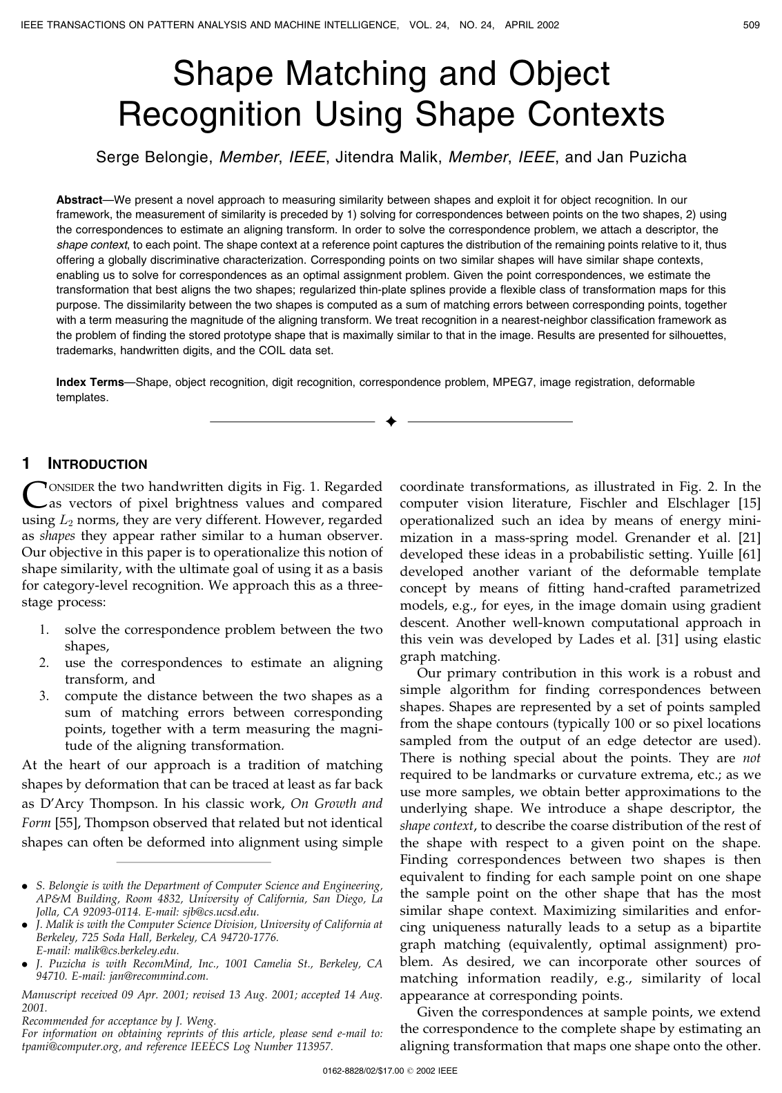 Shape Matching and Object Recognition Using Shape Contexts