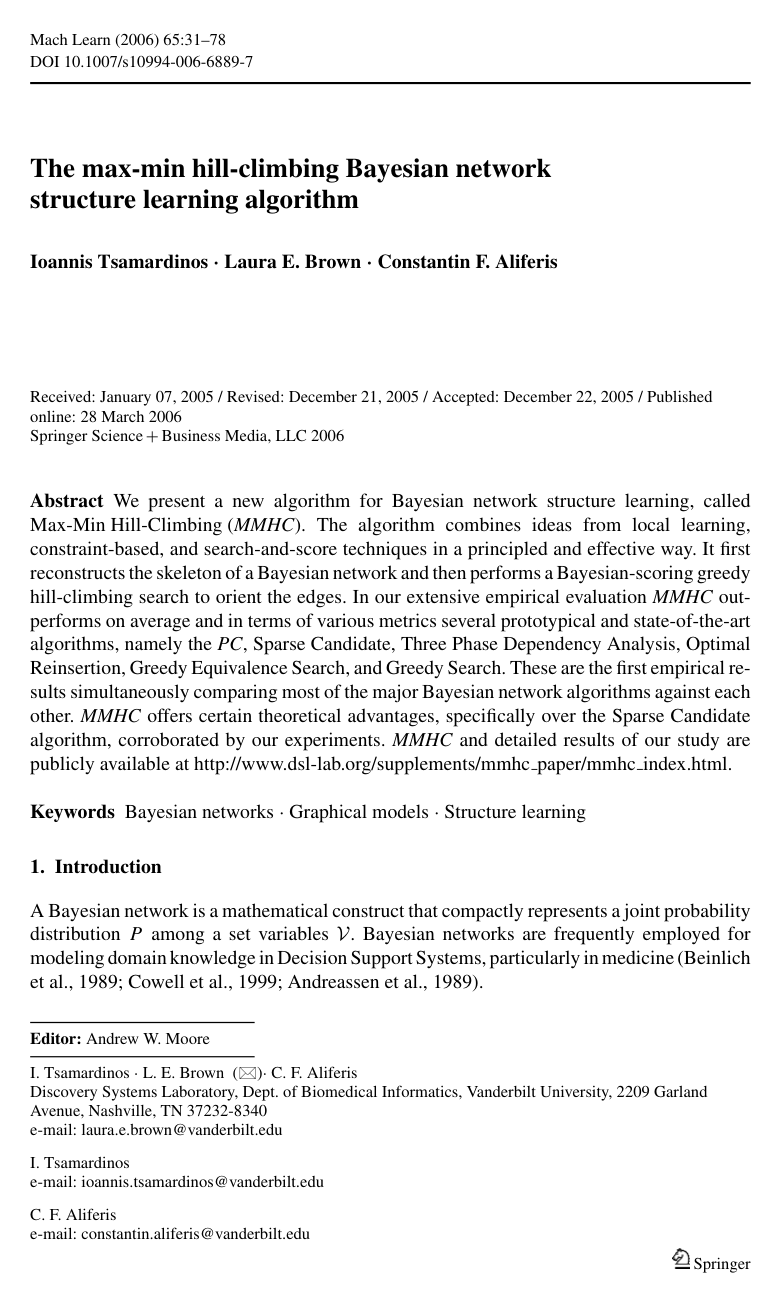 Cover for The max-min hill-climbing Bayesian network structure learning algorithm