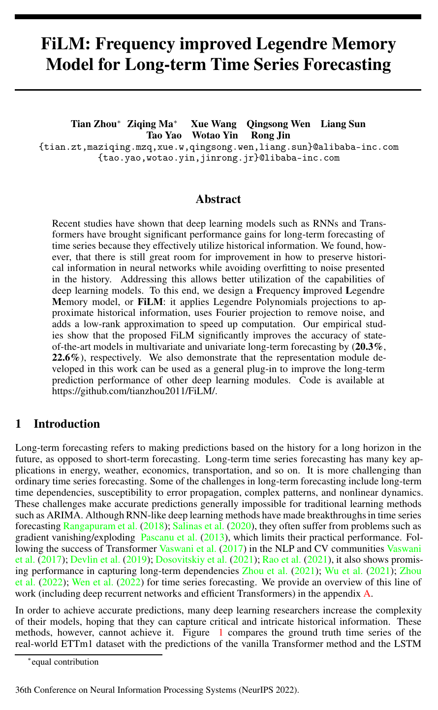 FiLM: Frequency improved Legendre Memory Model for Long-term Time Series Forecasting