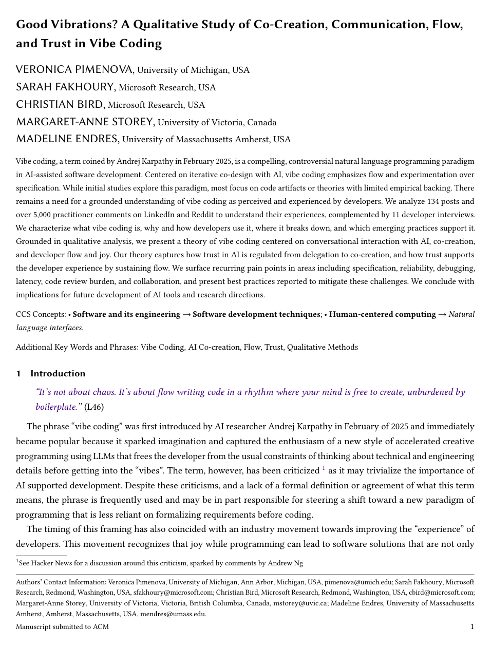 Cover for Good Vibrations? A Qualitative Study of Co-Creation, Communication, Flow, and Trust in Vibe Coding