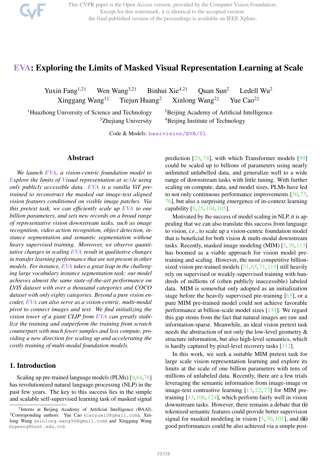 EVA: Exploring the Limits of Masked Visual Representation Learning at Scale