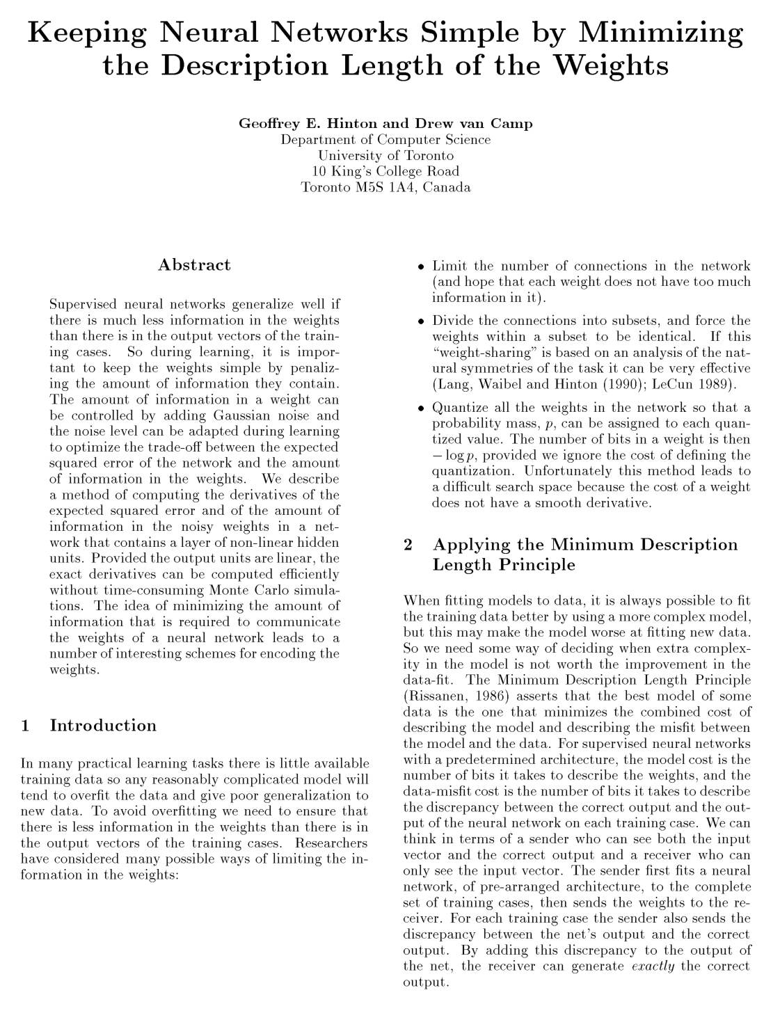 Keeping Neural Networks Simple by Minimizing the Description Length of the Weights