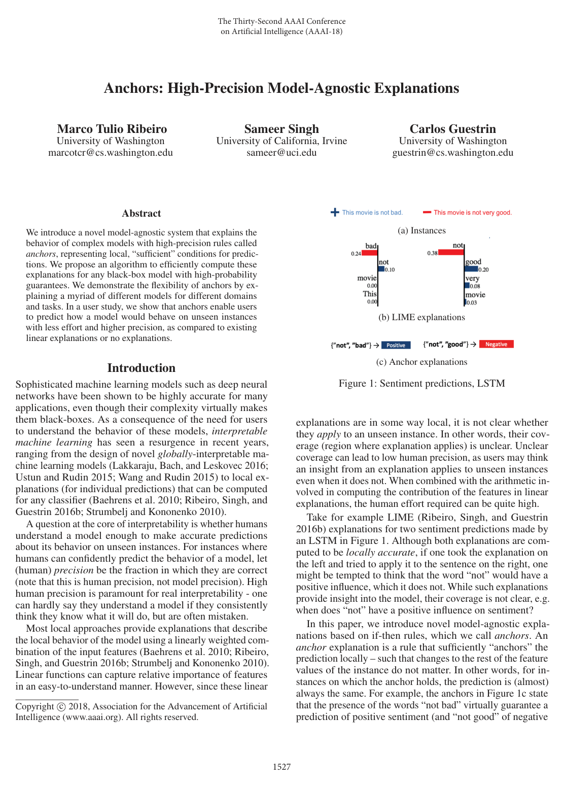 Anchors: High-Precision Model-Agnostic Explanations