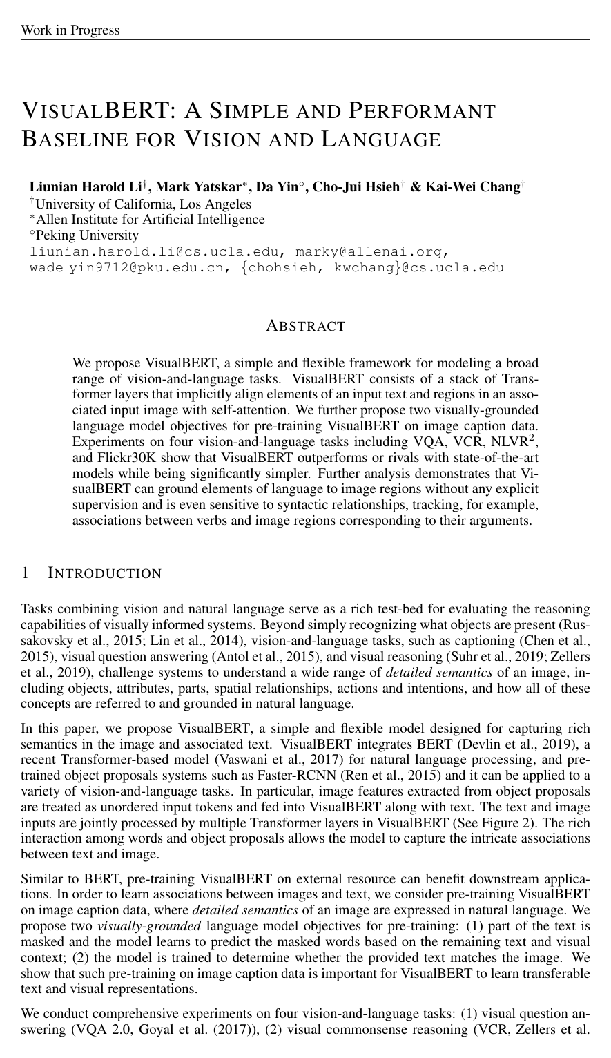 Cover for VisualBERT: A Simple and Performant Baseline for Vision and Language