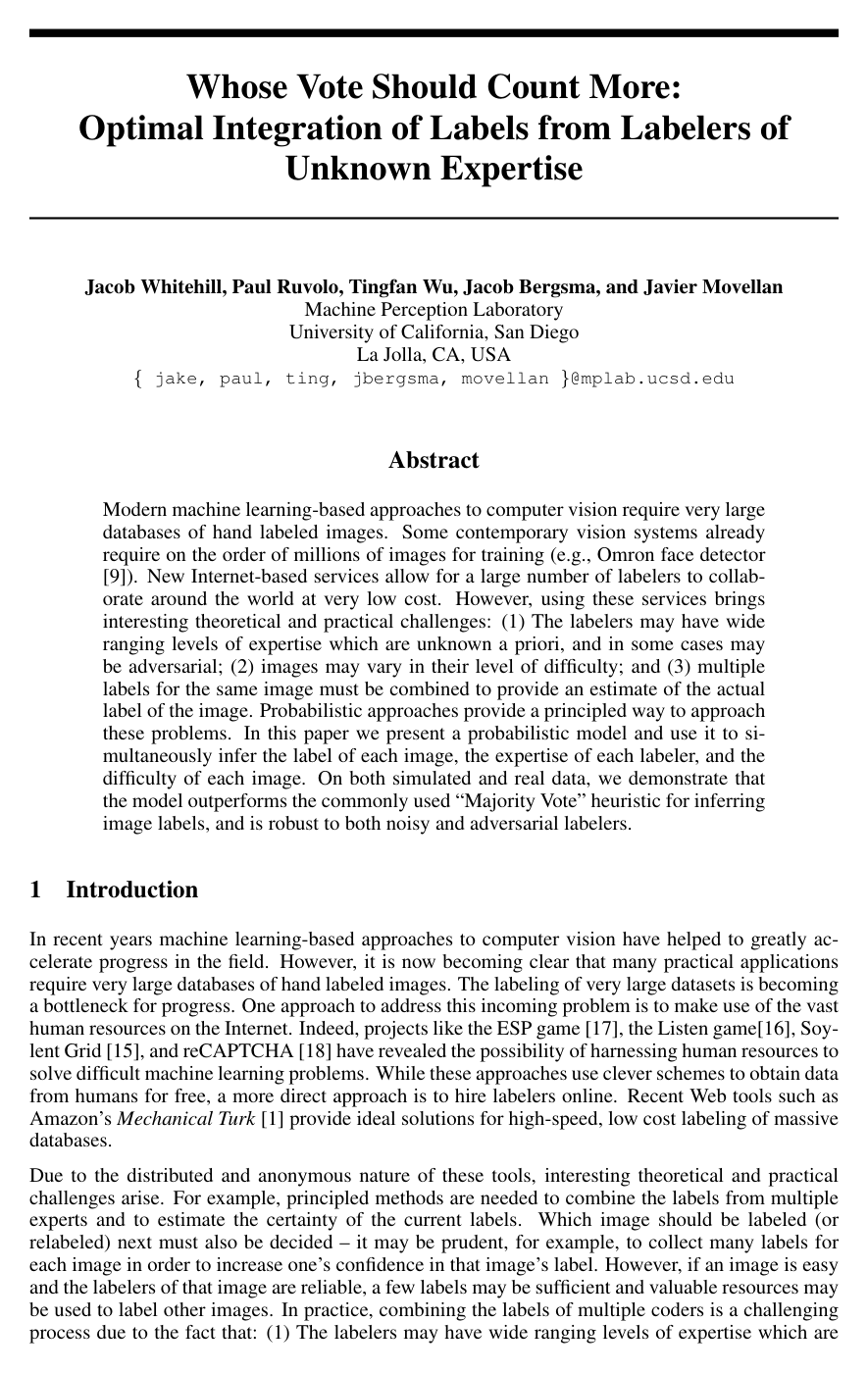 Cover for Whose Vote Should Count More: Optimal Integration of Labels from Labelers of Unknown Expertise