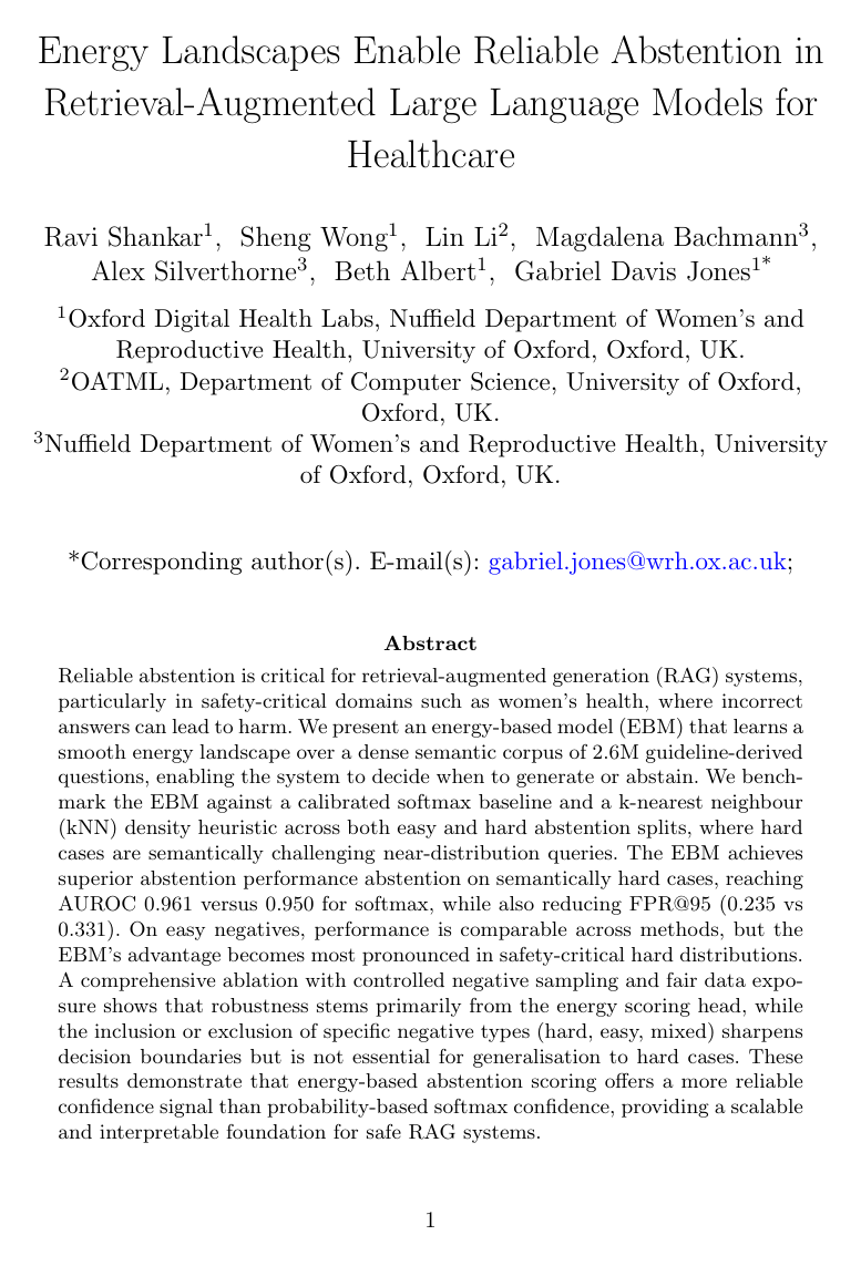 Energy Landscapes Enable Reliable Abstention in Retrieval-Augmented Large Language Models for Healthcare