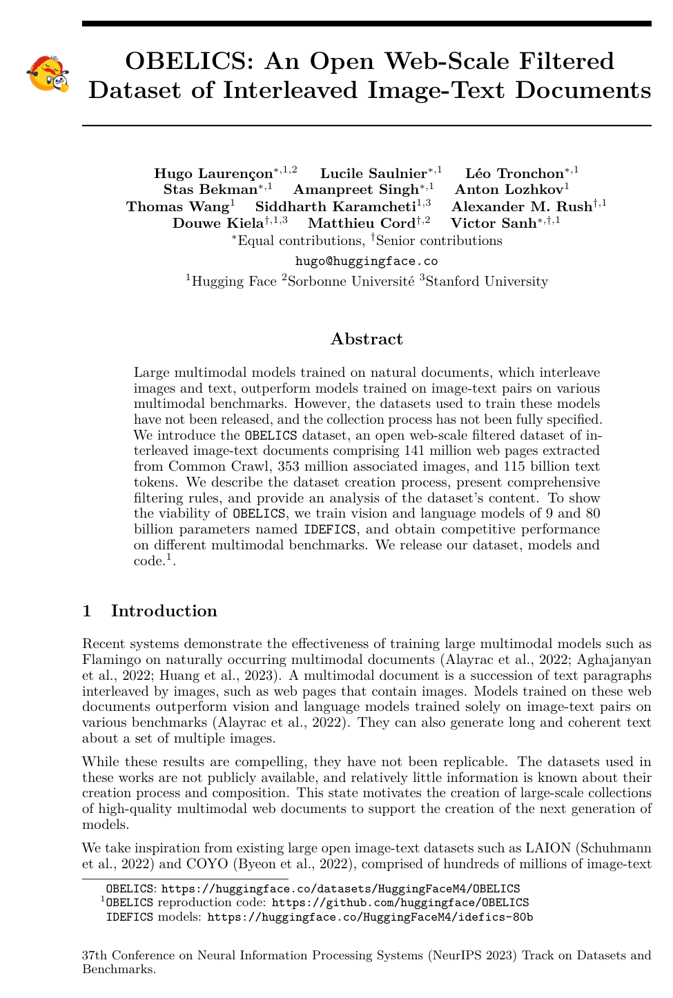 OBELICS: An Open Web-Scale Filtered Dataset of Interleaved Image-Text Documents