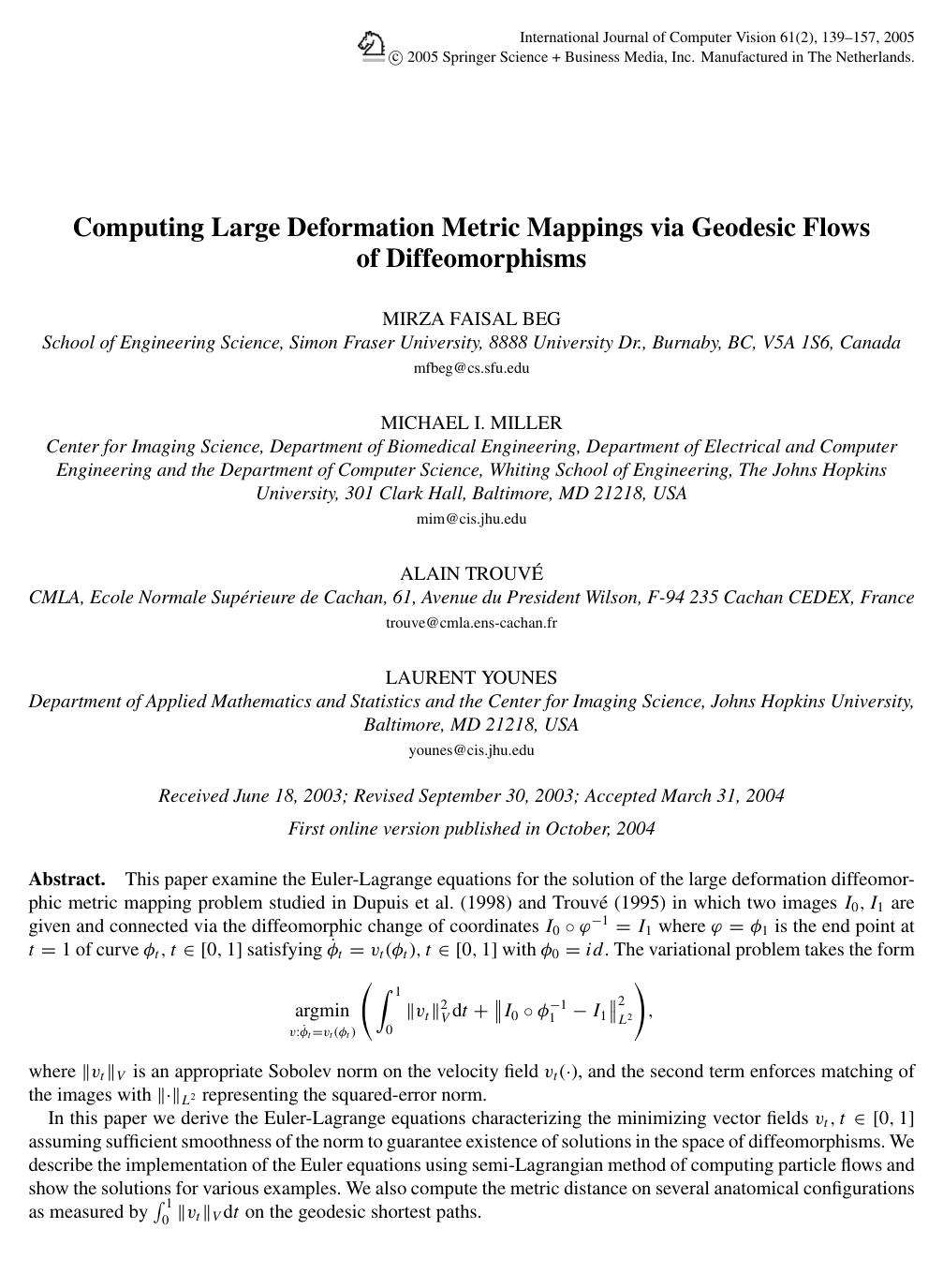 Cover for Computing Large Deformation Metric Mappings via Geodesic Flows of Diffeomorphisms