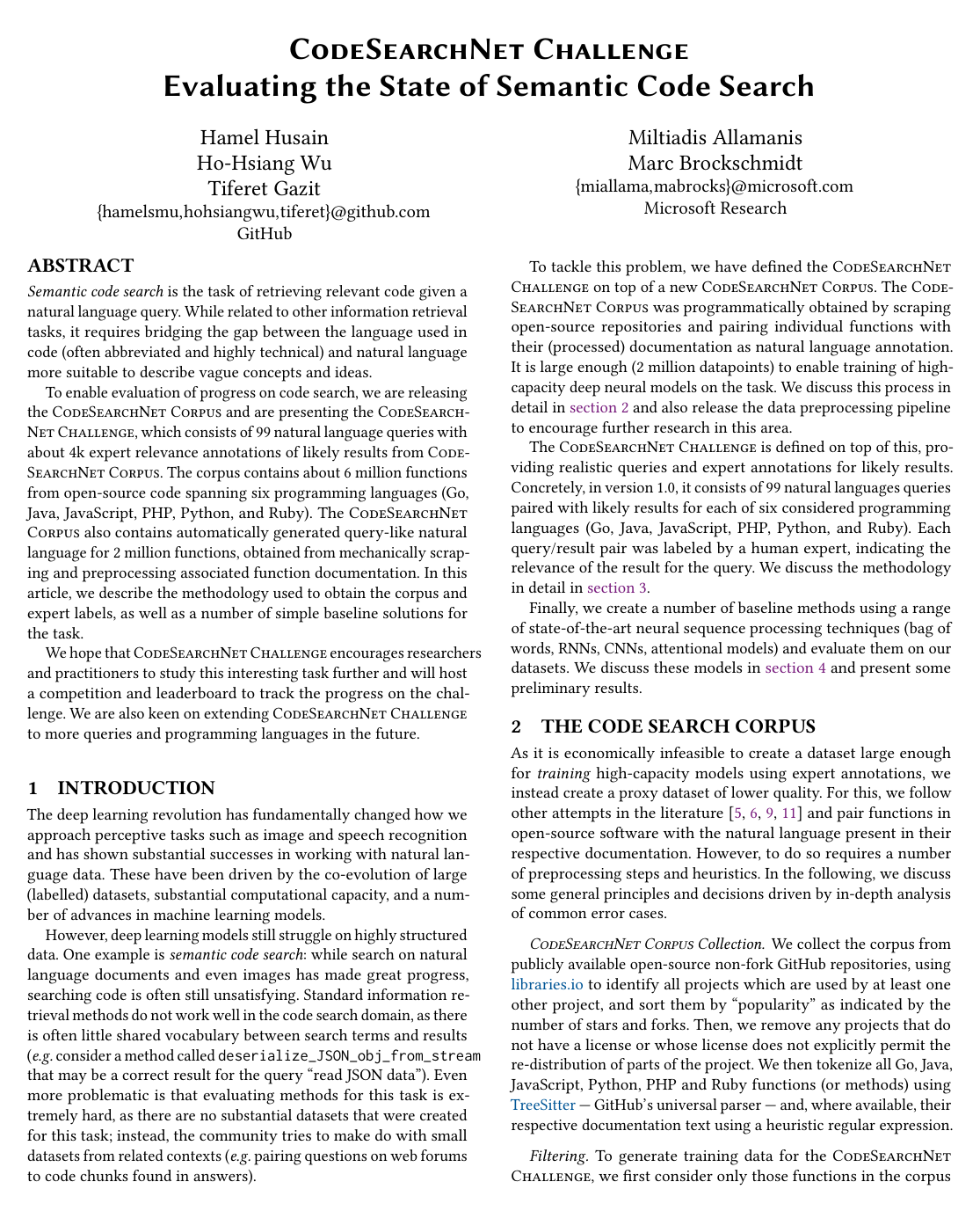 Cover for CodeSearchNet Challenge: Evaluating the State of Semantic Code Search