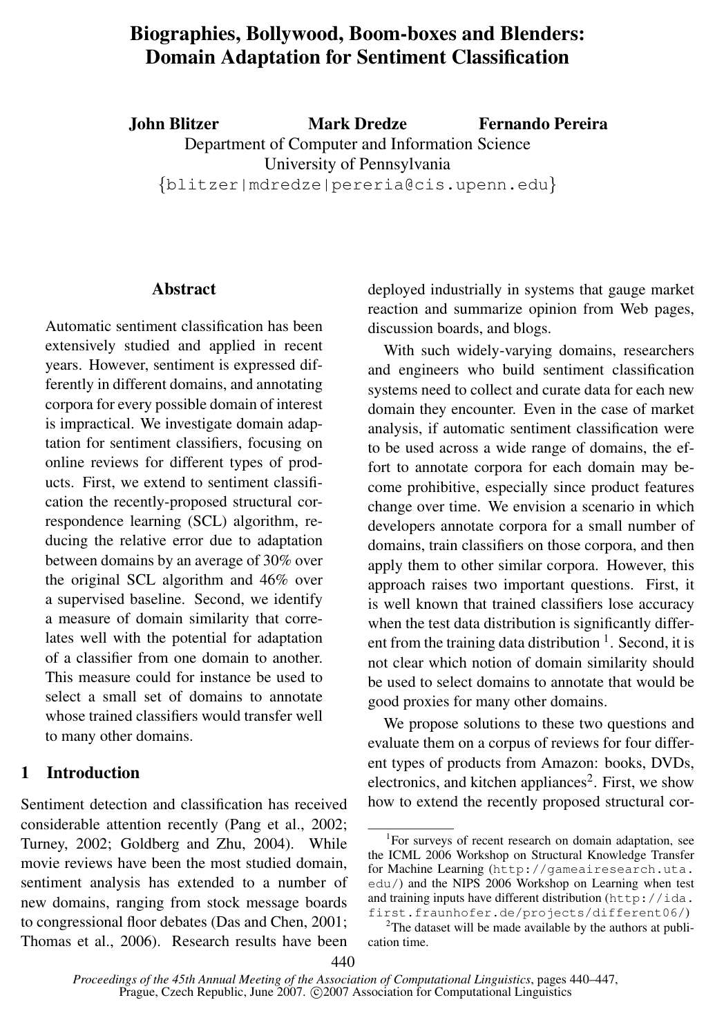 Cover for Biographies, Bollywood, Boom-boxes and Blenders: Domain Adaptation for Sentiment Classification