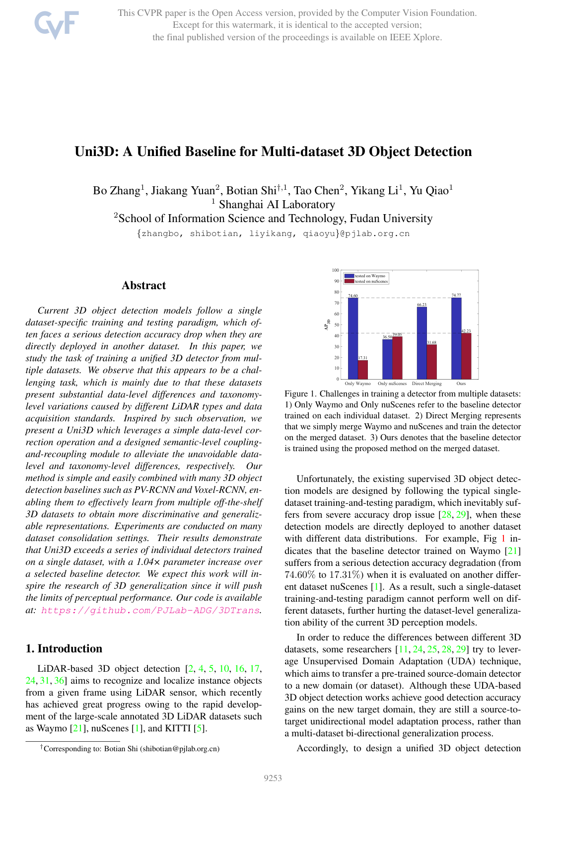 Cover for Uni3D: A Unified Baseline for Multi-Dataset 3D Object Detection