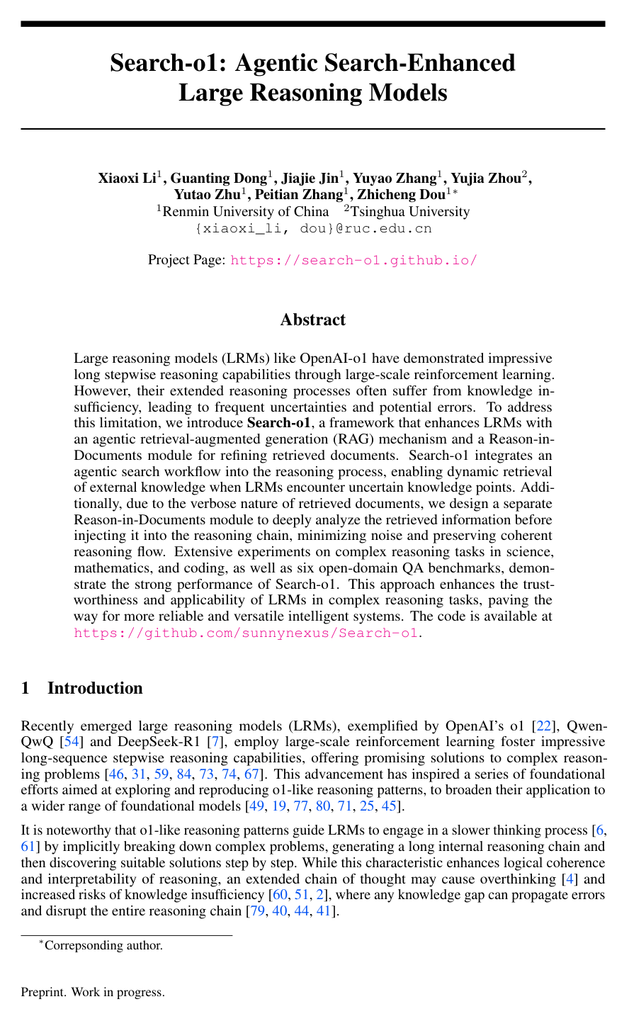 Search-o1: Agentic Search-Enhanced Large Reasoning Models