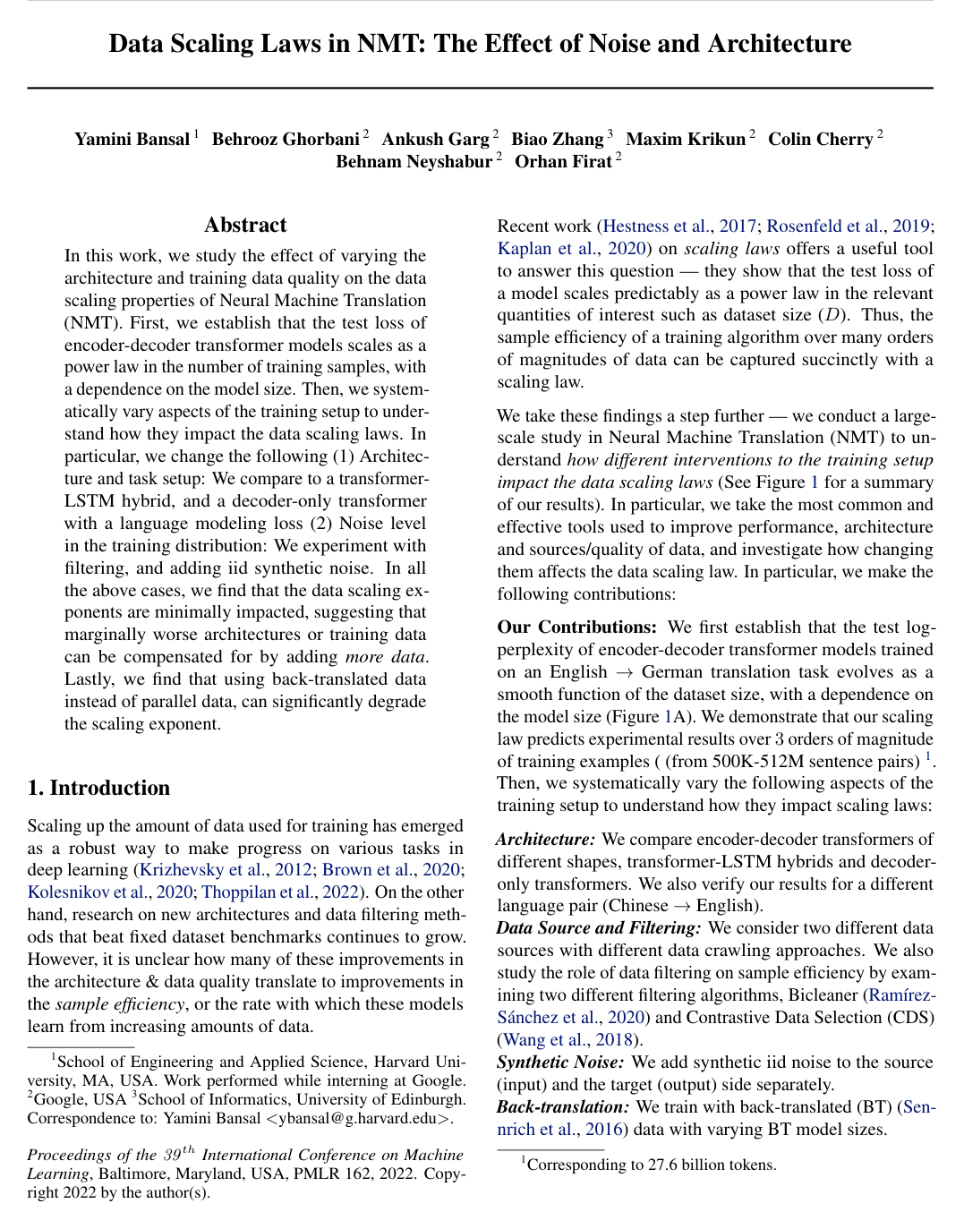 Data Scaling Laws in NMT: The Effect of Noise and Architecture
