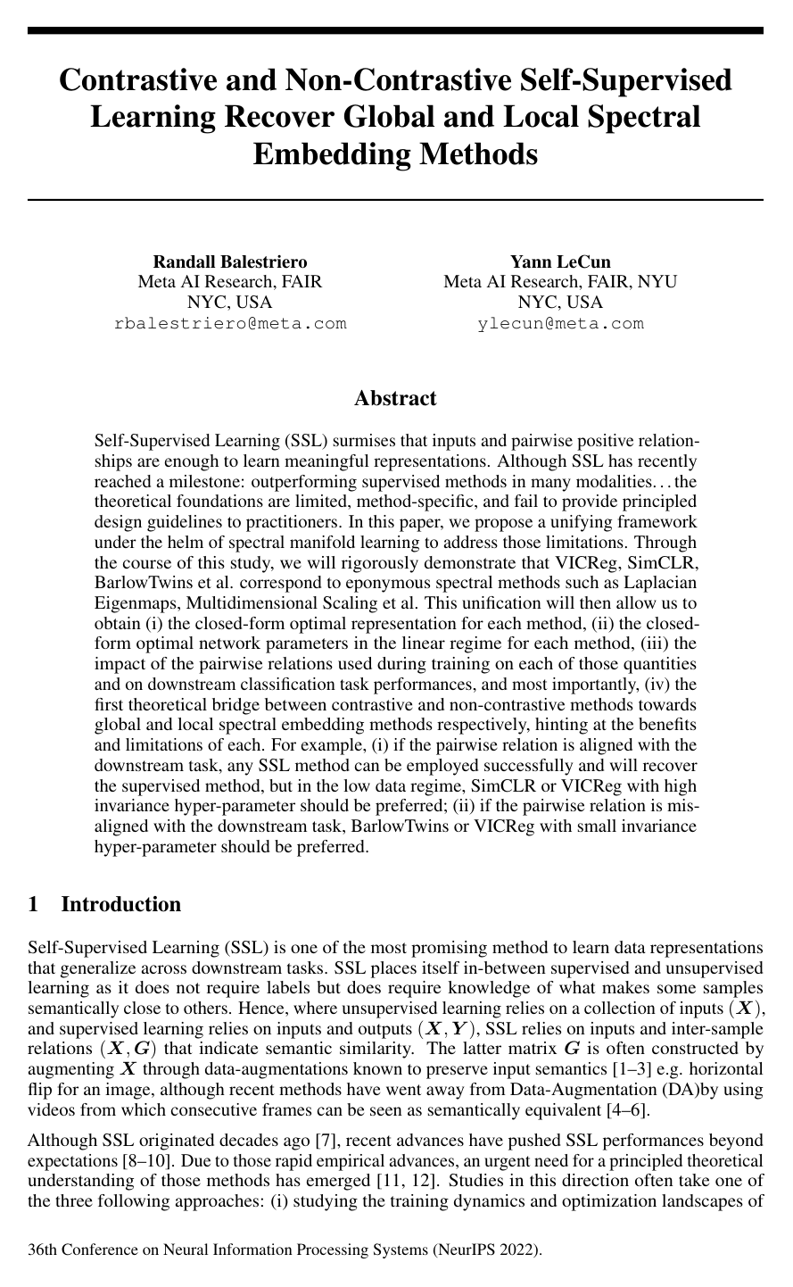 Contrastive and Non-Contrastive Self-Supervised Learning Recover Global and Local Spectral Embedding Methods
