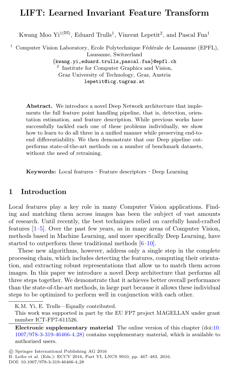 LIFT: Learned Invariant Feature Transform