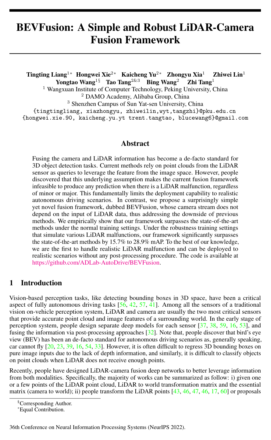 BEVFusion: A Simple and Robust LiDAR-Camera Fusion Framework