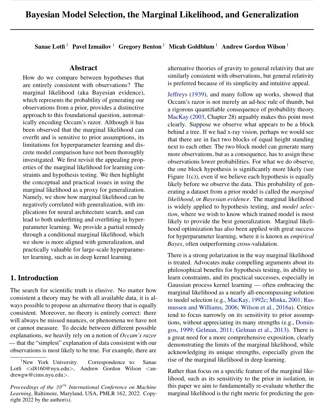 Bayesian Model Selection, the Marginal Likelihood, and Generalization
