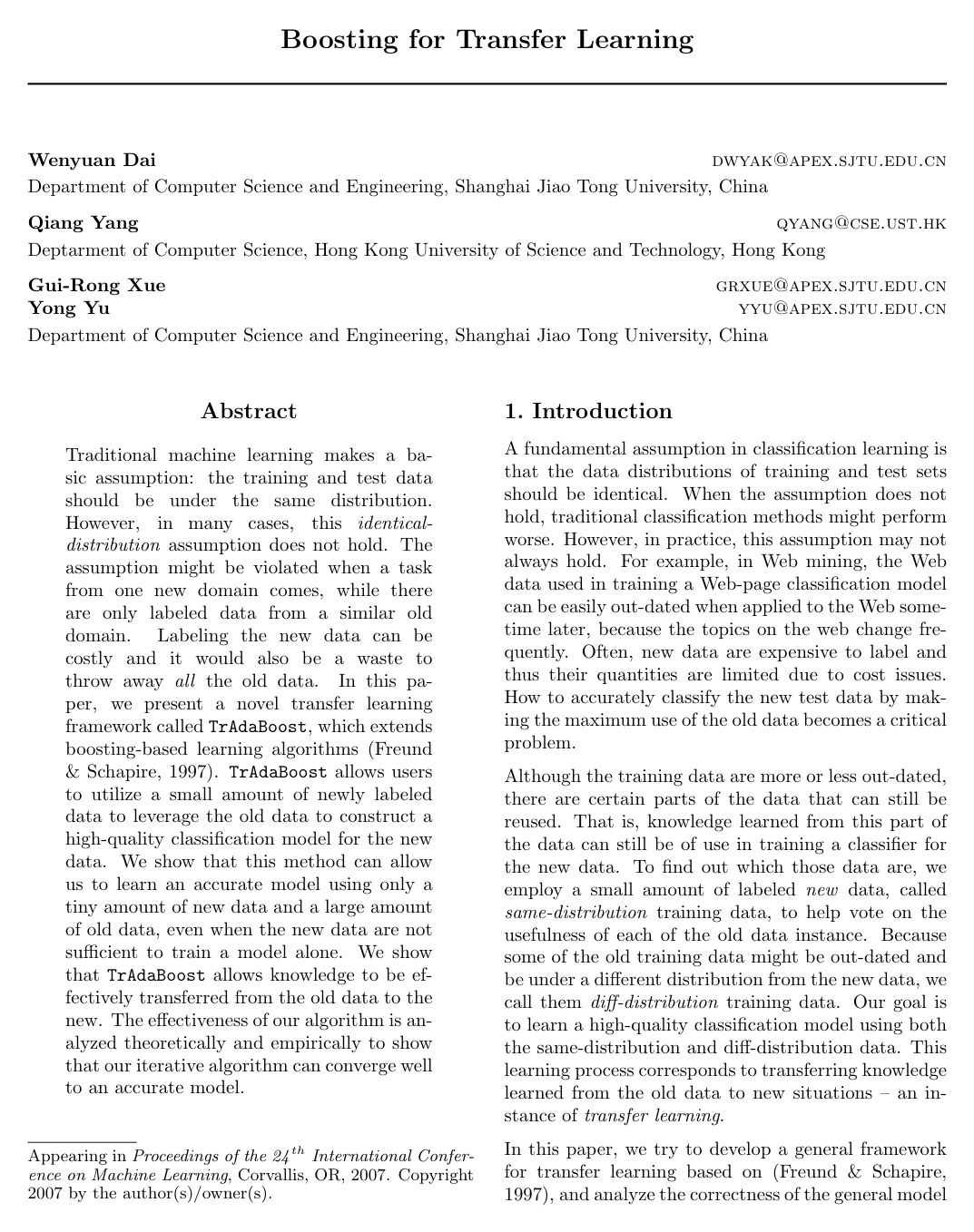 Cover for Boosting for transfer learning