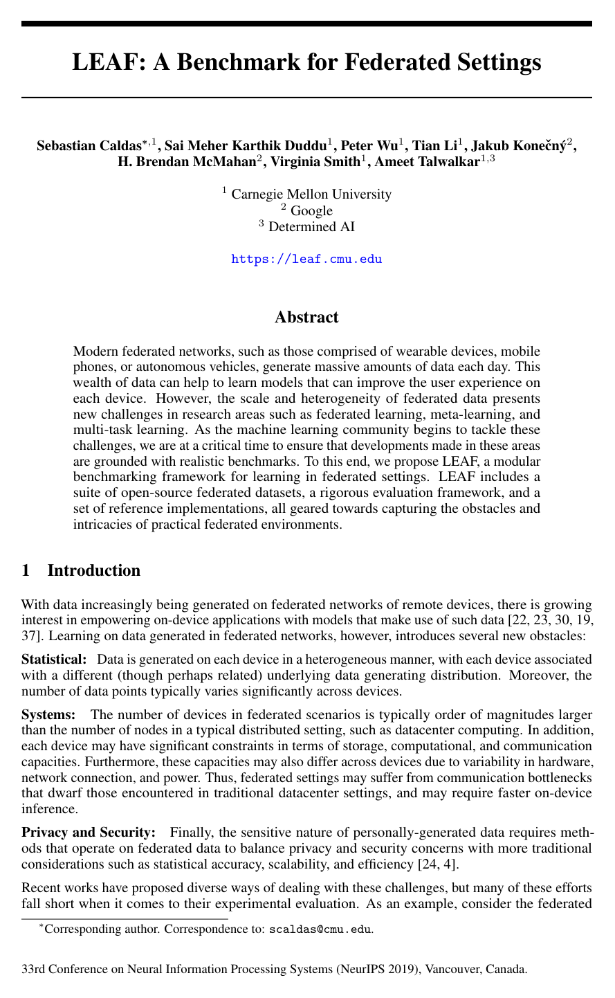Cover for LEAF: A Benchmark for Federated Settings