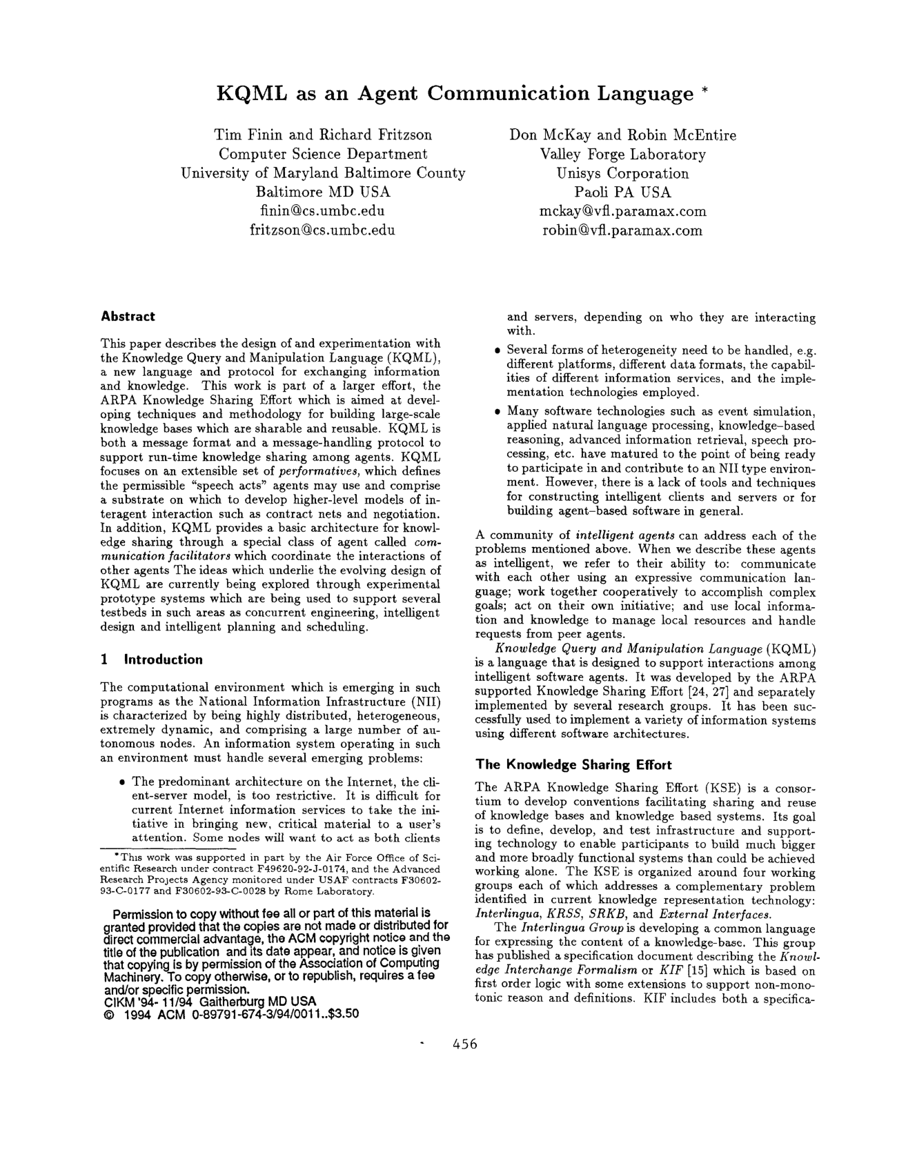 Cover for KQML as an agent communication language