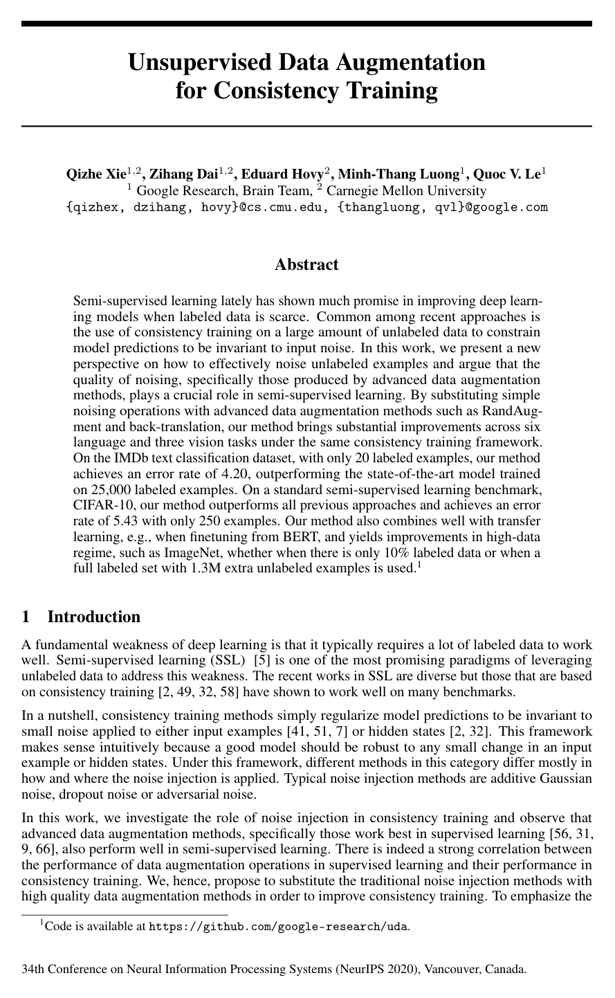 Cover for Unsupervised Data Augmentation for Consistency Training