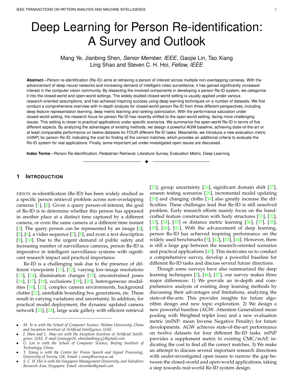 Cover for Deep Learning for Person Re-Identification: A Survey and Outlook