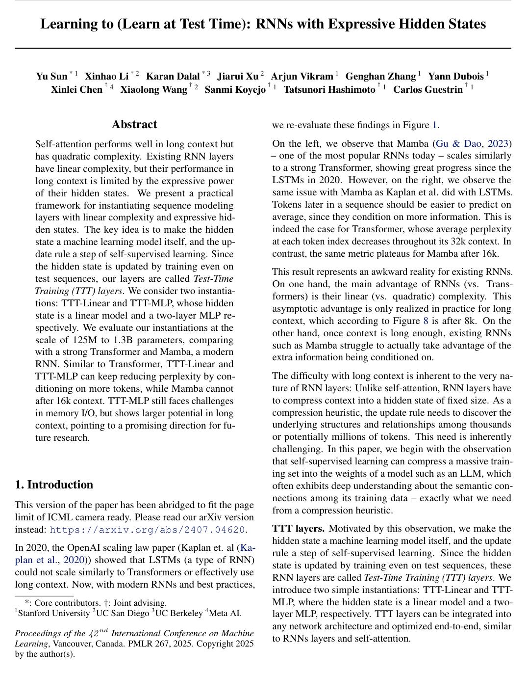 Learning to (Learn at Test Time): RNNs with Expressive Hidden States
