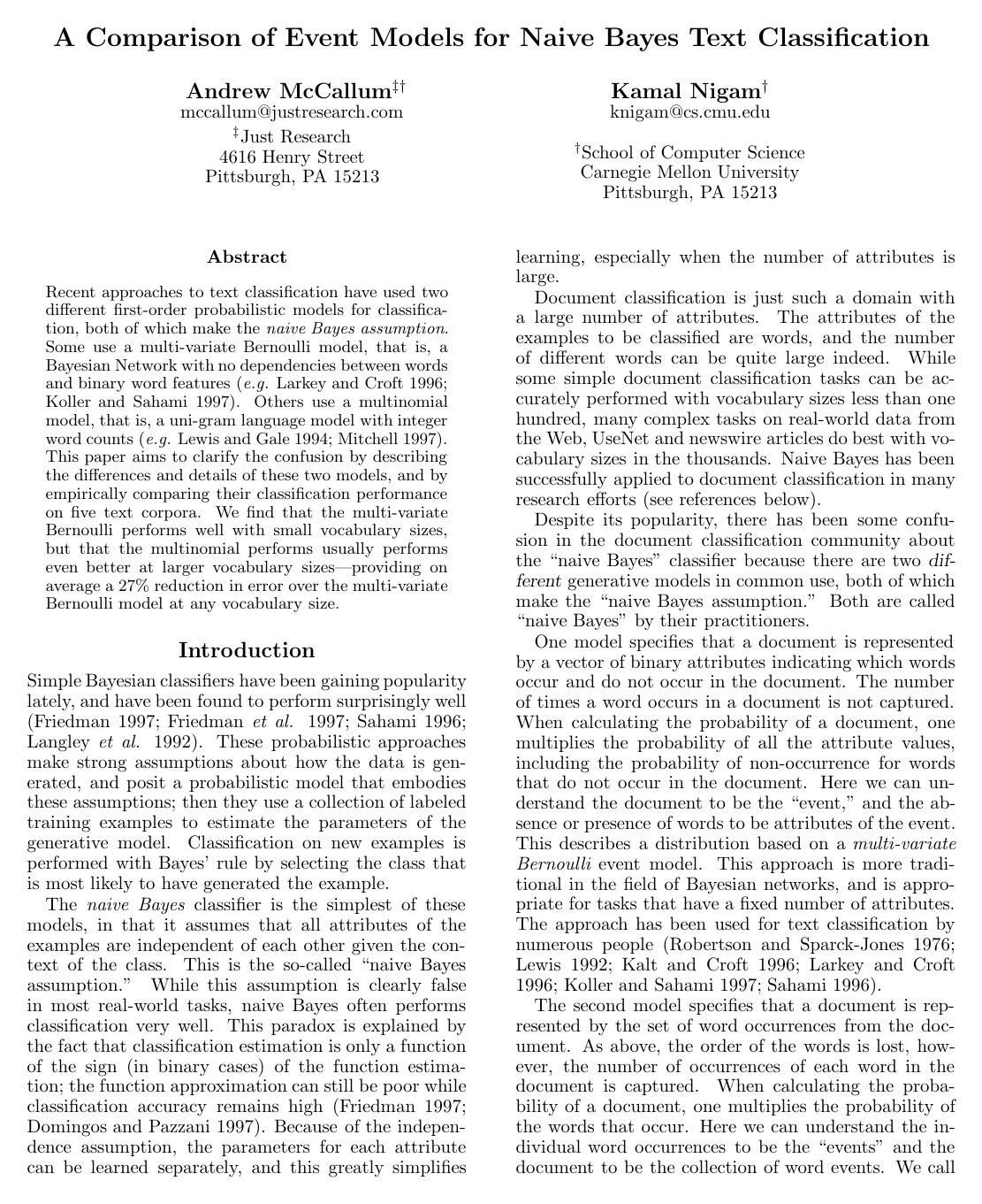 A comparison of event models for naive bayes text classification