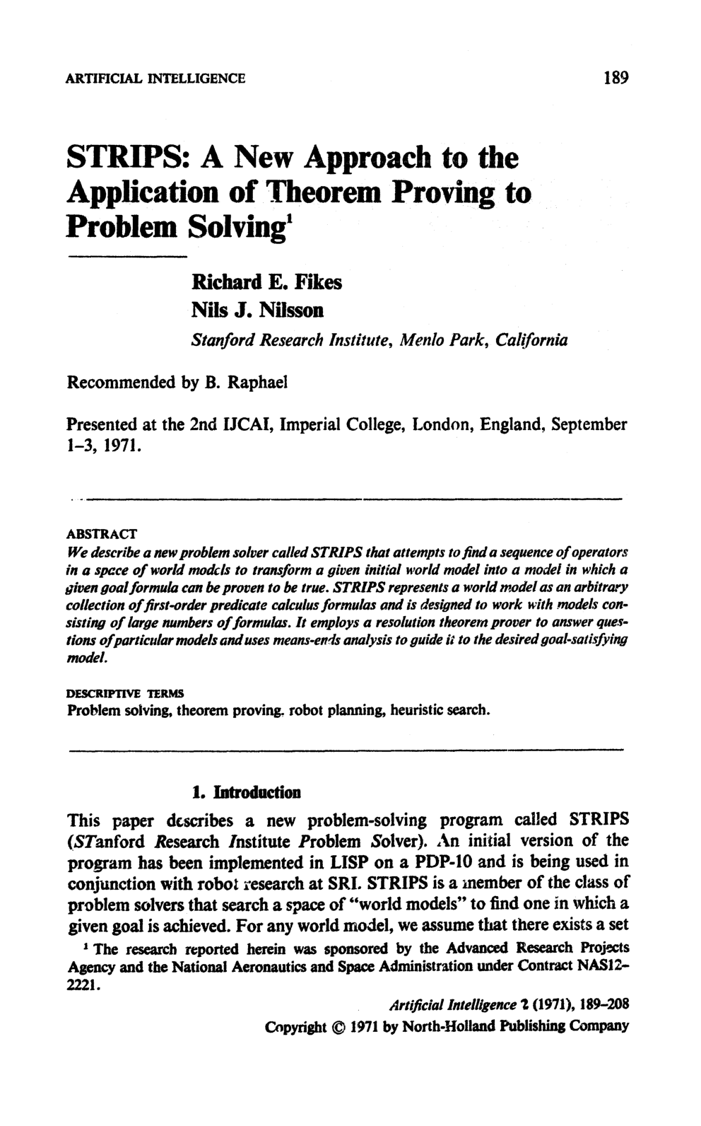 STRIPS: A New Approach to the Application of Theorem Proving to Problem Solving